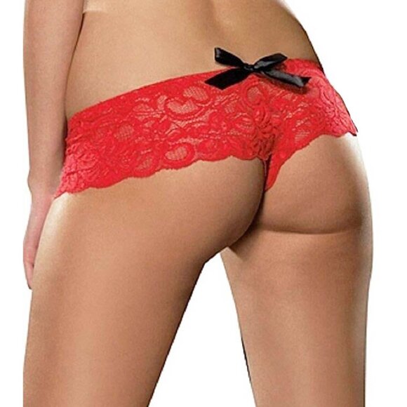 Stretch Lace Boyshort with Bows Womens Plus Size 3x4x Black Crotchless Panty - Picture 8 of 10